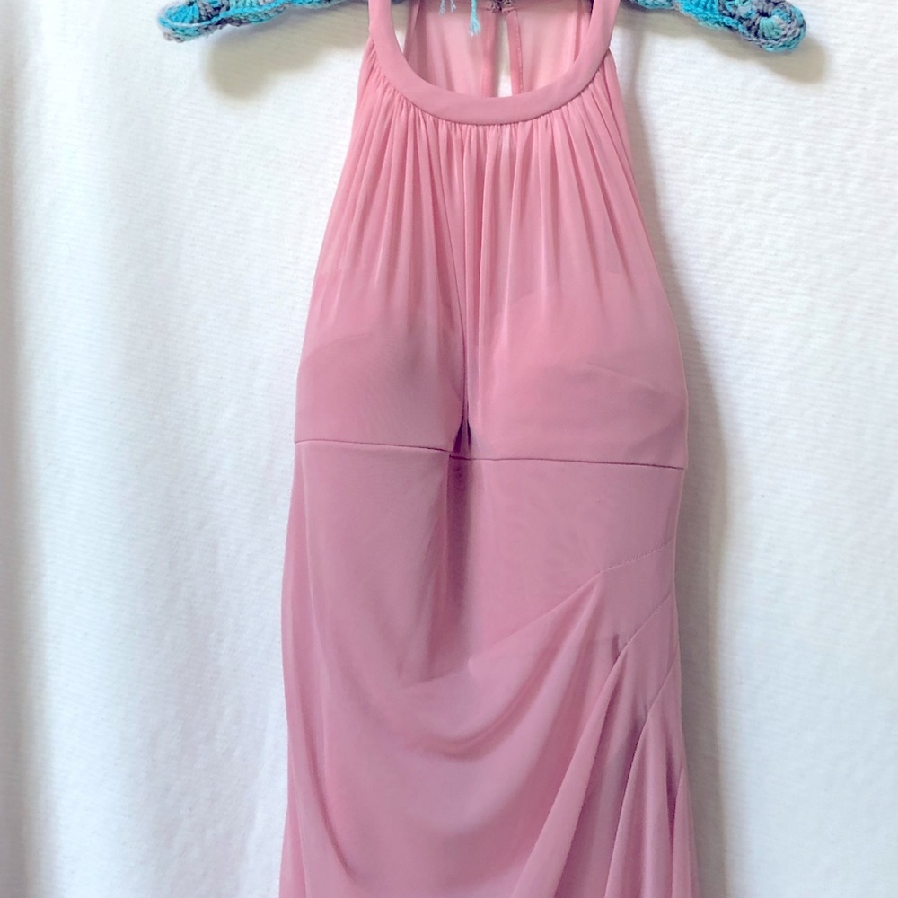 Long pink mesh dress with illusion halter neckline